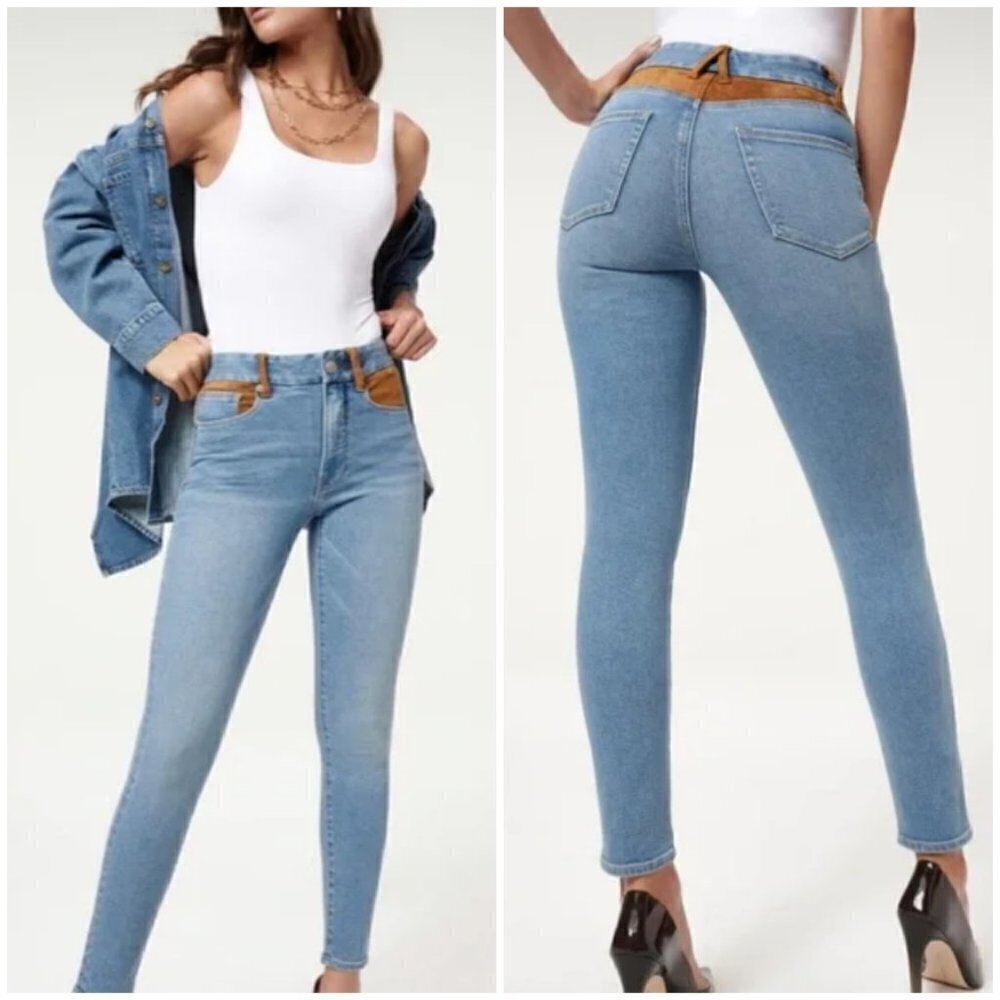 💕GOOD AMERICAN💕 Good Legs Suede Mixing Skinny Jeans ~ INDIGO080 Blue 8/29 NWT